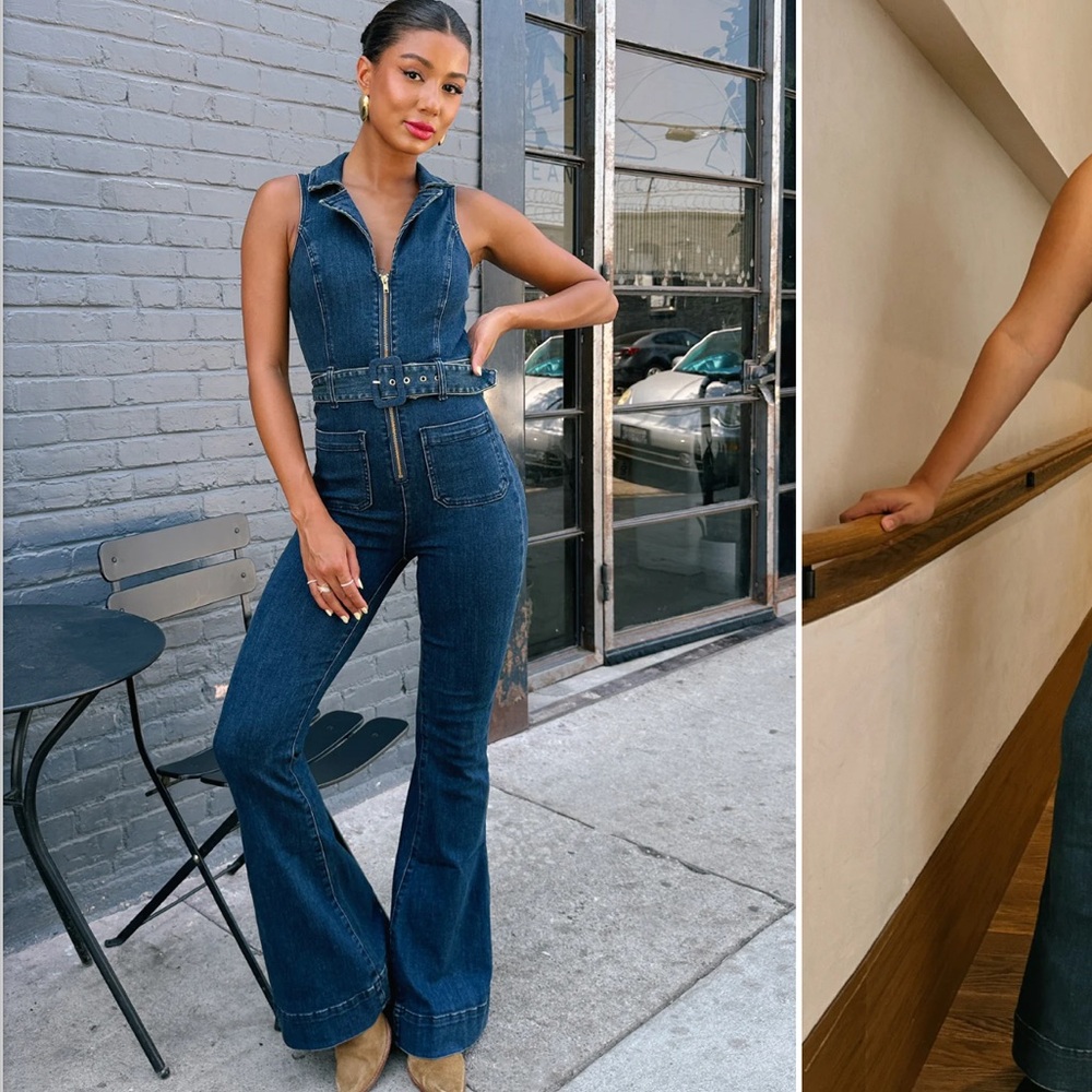 Jacksonville Jumpsuit - blue denim bell bottom jumpsuit with belt